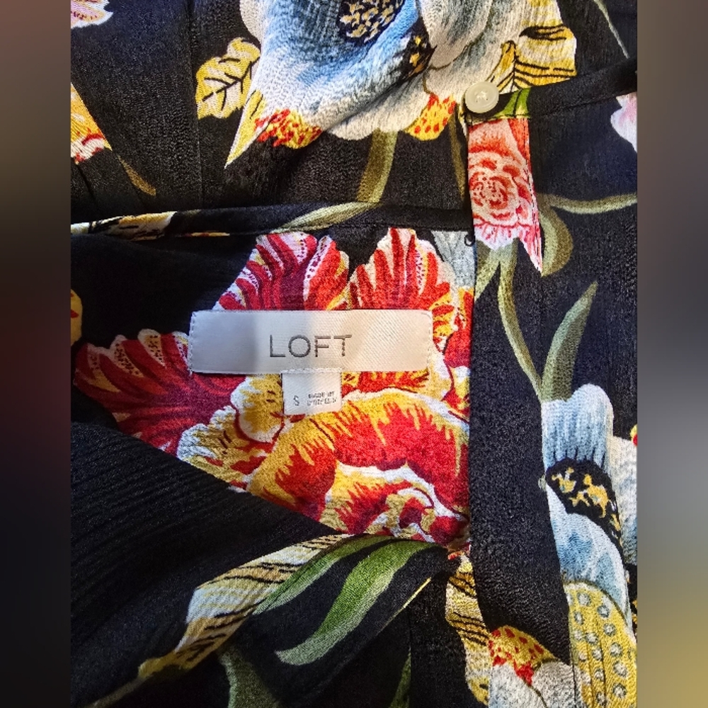 LOFT Small Tropical Sheer Black Shirt Floral Vacation Pink Green Yellow Cover-up - Picture 4 of 6